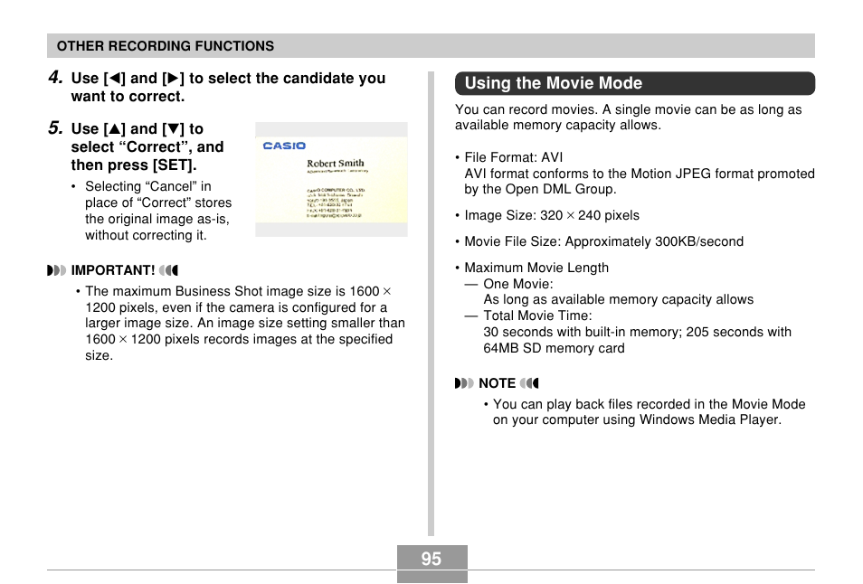 Using the movie mode | Casio QV-R61 User Manual | Page 95 / 210