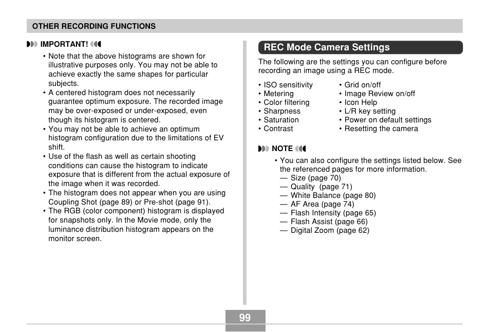 Rec mode camera settings | Casio QV-R61 User Manual | Page 99 / 210