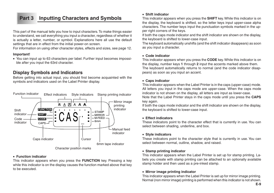 Part 3 inputting characters and symbols, Display symbols and indicators | Casio KL-100 User Manual | Page 10 / 24