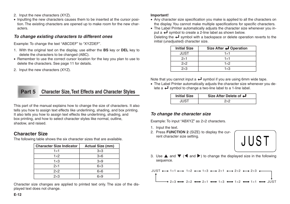 Just, Character size | Casio KL-100 User Manual | Page 13 / 24