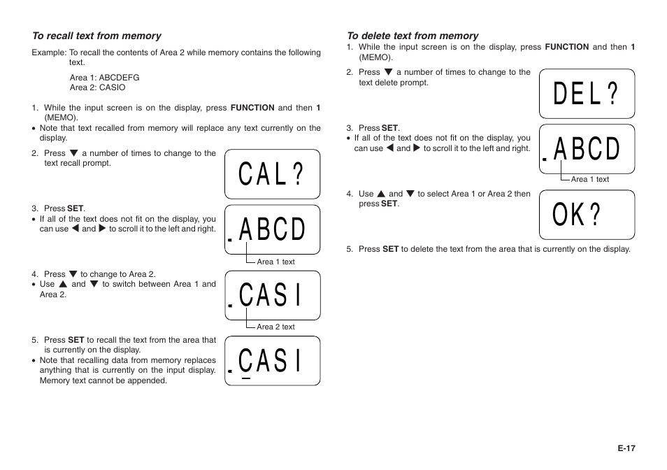 Cal? abcd casi, Casi abcd, Ok? del | Casio KL-100 User Manual | Page 18 / 24