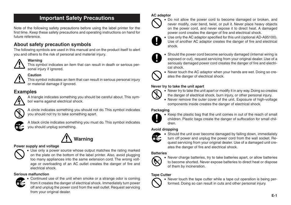 Important safety precautions, About safety precaution symbols, Examples | Warning | Casio KL-100 User Manual | Page 2 / 24