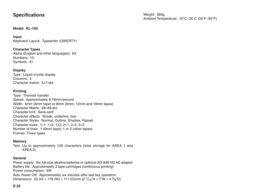 Specifications | Casio KL-100 User Manual | Page 23 / 24