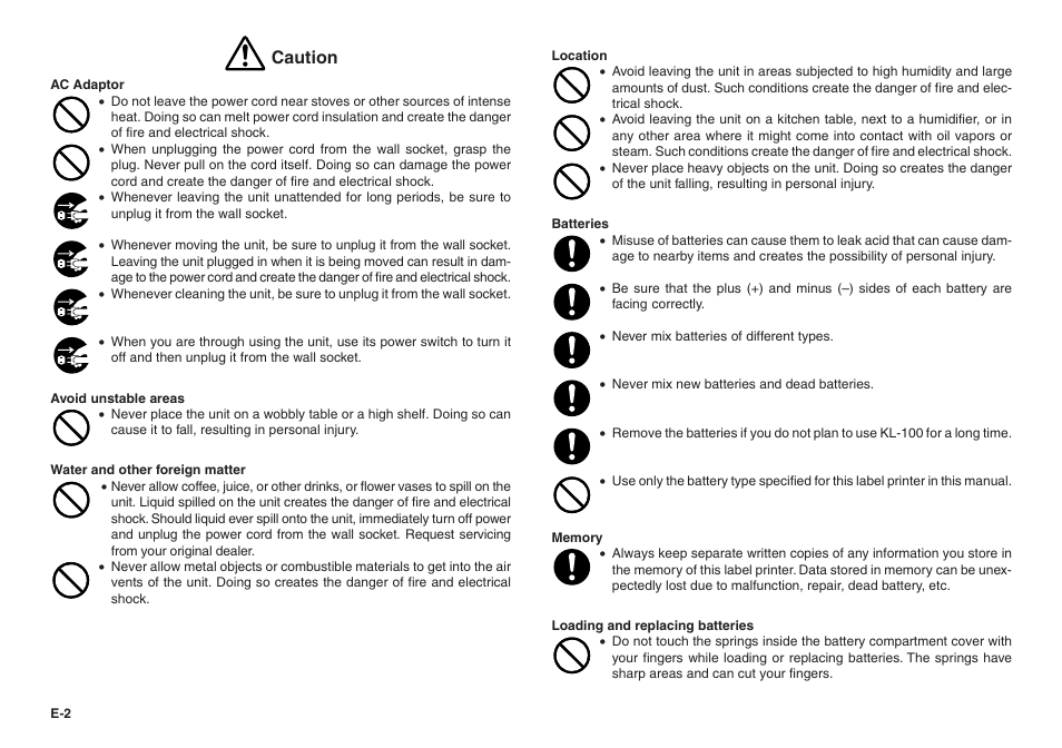 Caution | Casio KL-100 User Manual | Page 3 / 24