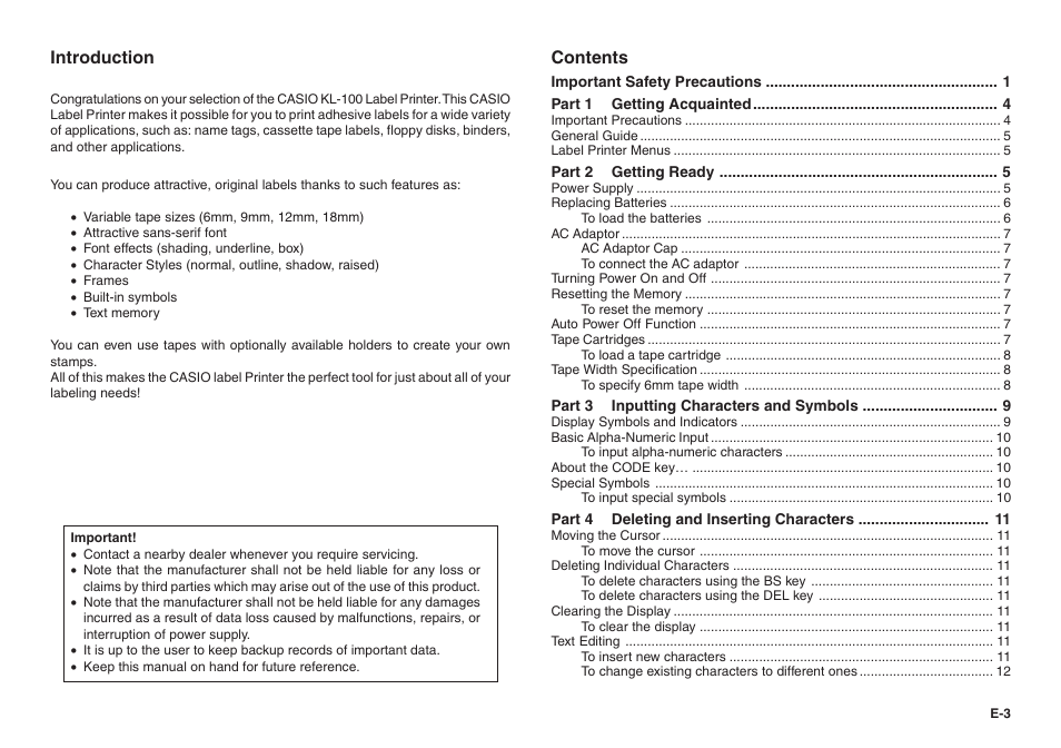 Casio KL-100 User Manual | Page 4 / 24