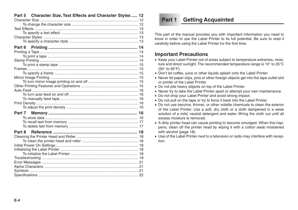 Part 1 getting acquainted, Important precautions | Casio KL-100 User Manual | Page 5 / 24