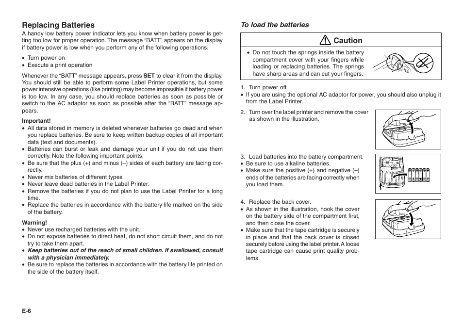 Replacing batteries, Caution | Casio KL-100 User Manual | Page 7 / 24