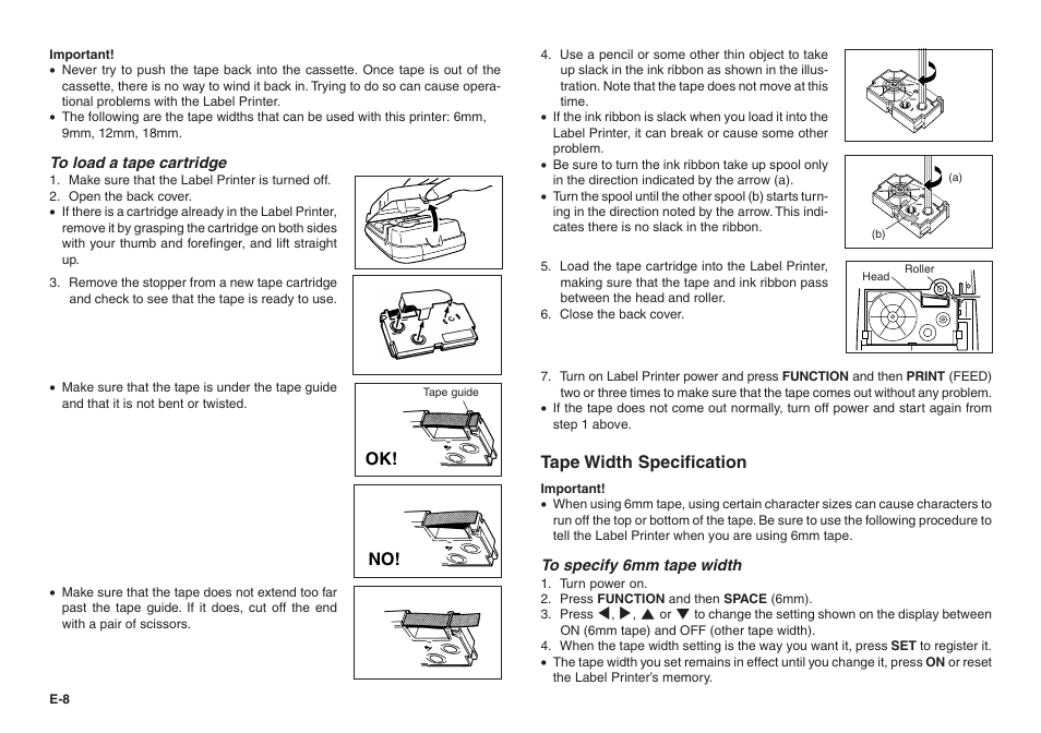 Tape width specification | Casio KL-100 User Manual | Page 9 / 24