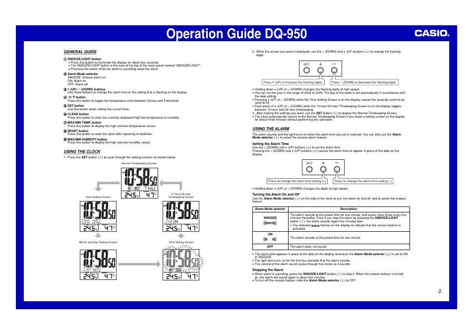 General guide, Using the clock, Using the alarm | Operation guide dq-950 | Casio DQ-950 User Manual | Page 2 / 3