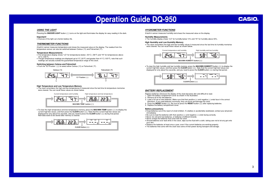 Using the light, Thermometer functions, Hygrometer functions | Battery replacement, Operation guide dq-950 | Casio DQ-950 User Manual | Page 3 / 3