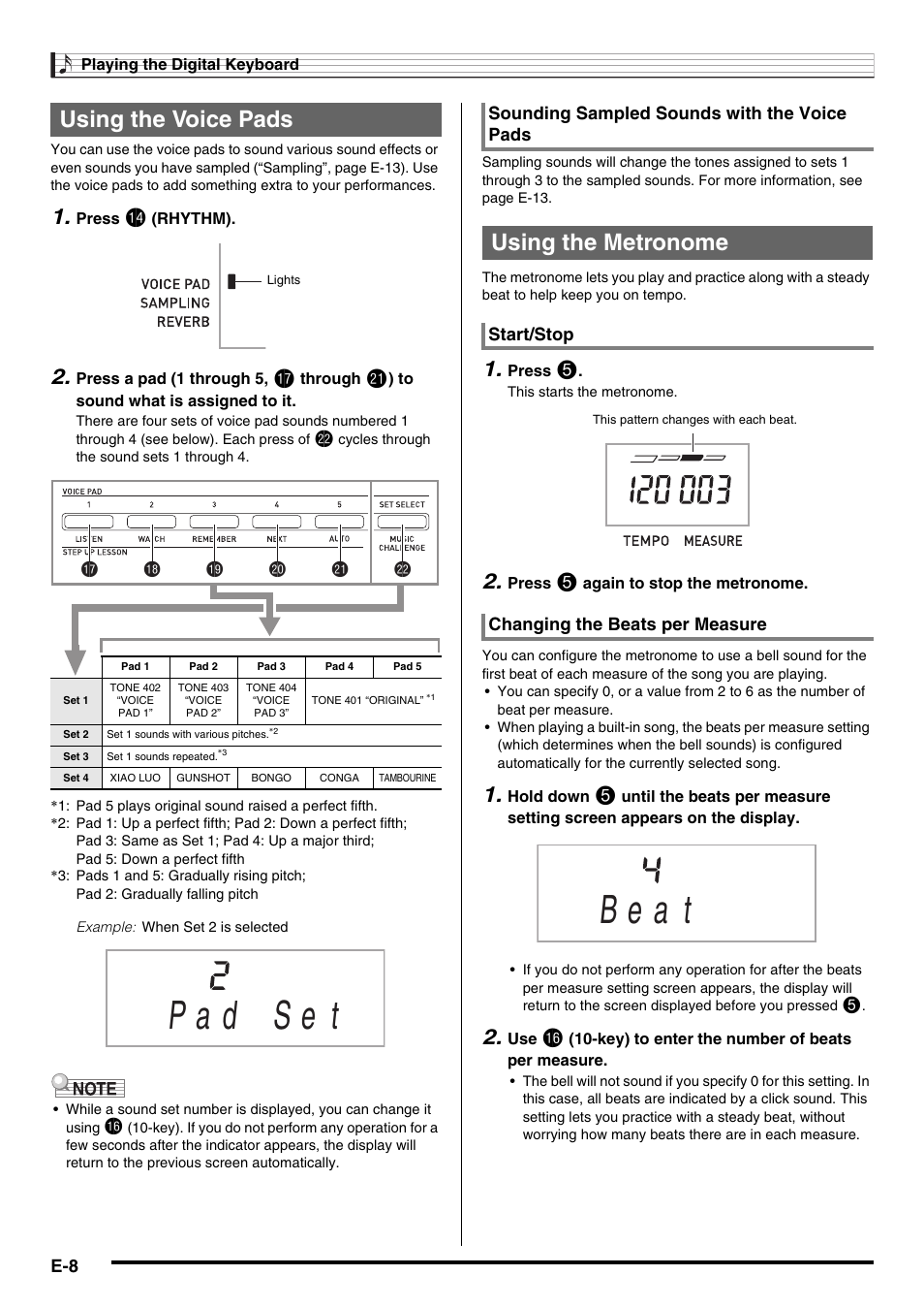 B e a t, Using the voice pads, Using the metronome | Br bs bt ck cl cm | Casio CTK-3200  EN User Manual | Page 10 / 49