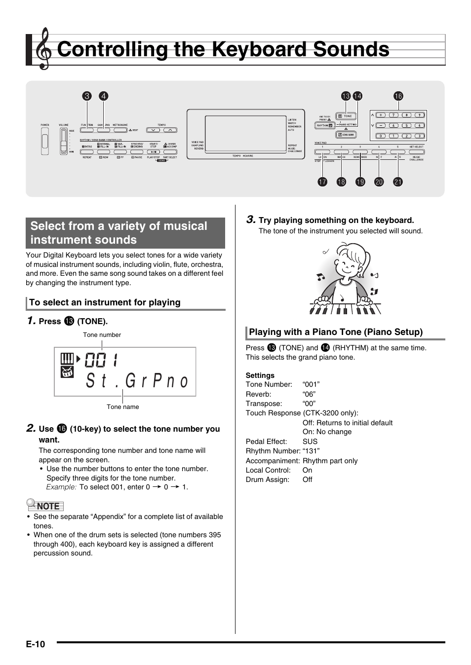 Controlling the keyboard sounds, Select from a variety of musical instrument sounds | Casio CTK-3200  EN User Manual | Page 12 / 49