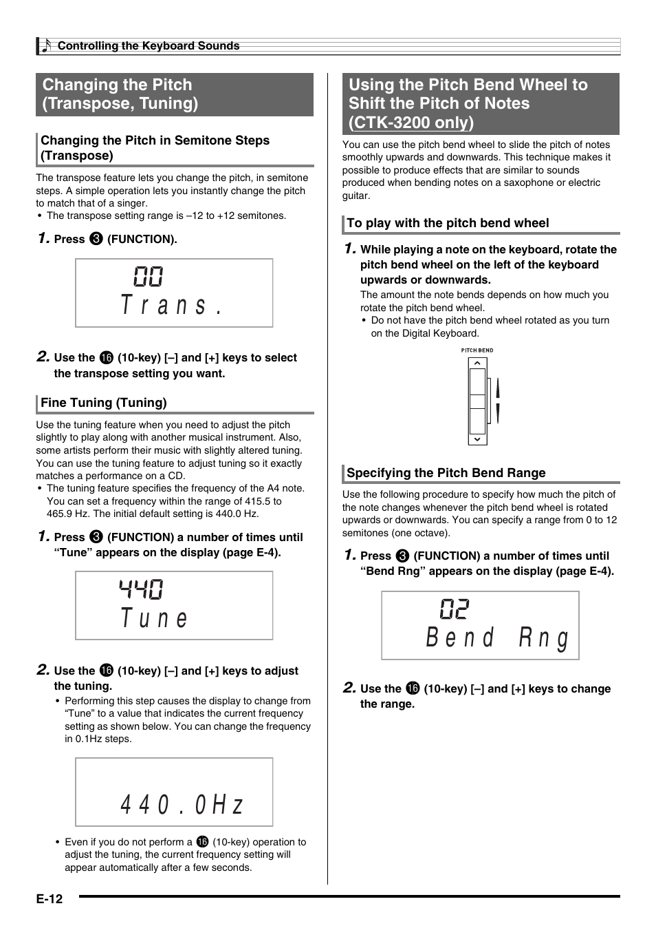 Changing the pitch (transpose, tuning) | Casio CTK-3200  EN User Manual | Page 14 / 49