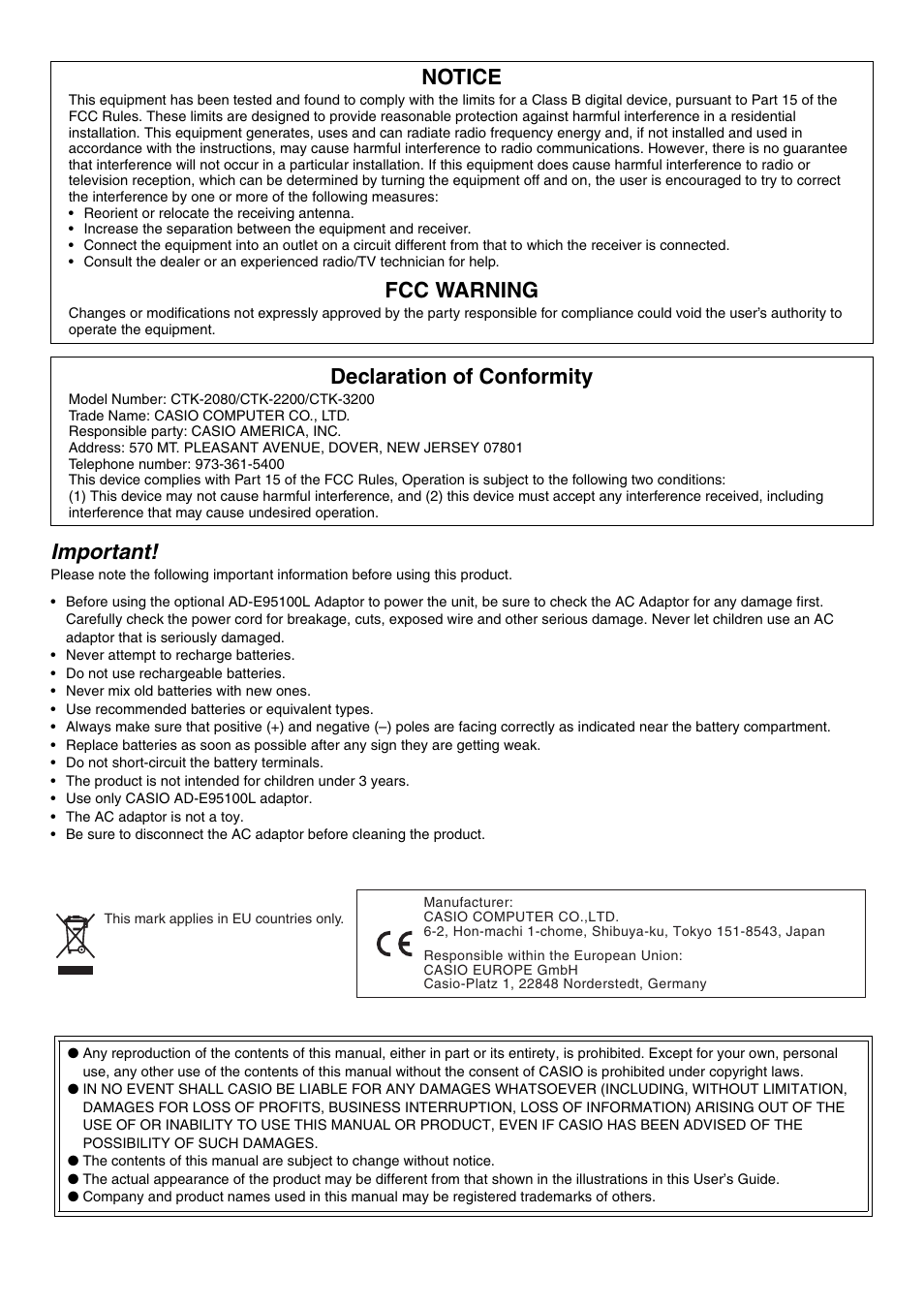Important, Notice, Fcc warning | Declaration of conformity | Casio CTK-3200  EN User Manual | Page 2 / 49