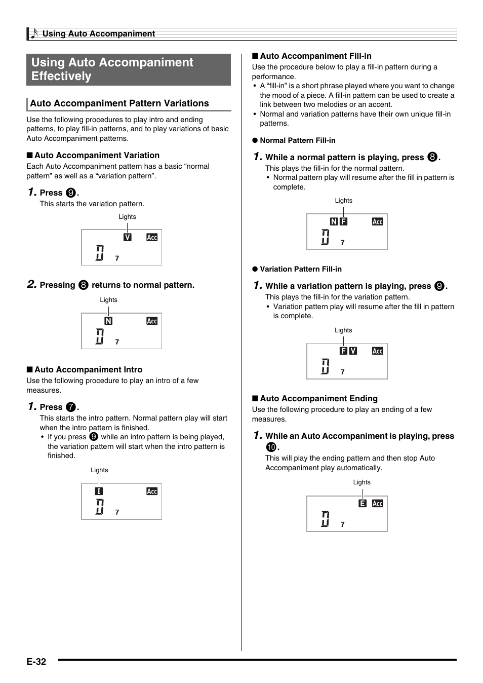 Using auto accompaniment effectively | Casio CTK-3200  EN User Manual | Page 34 / 49