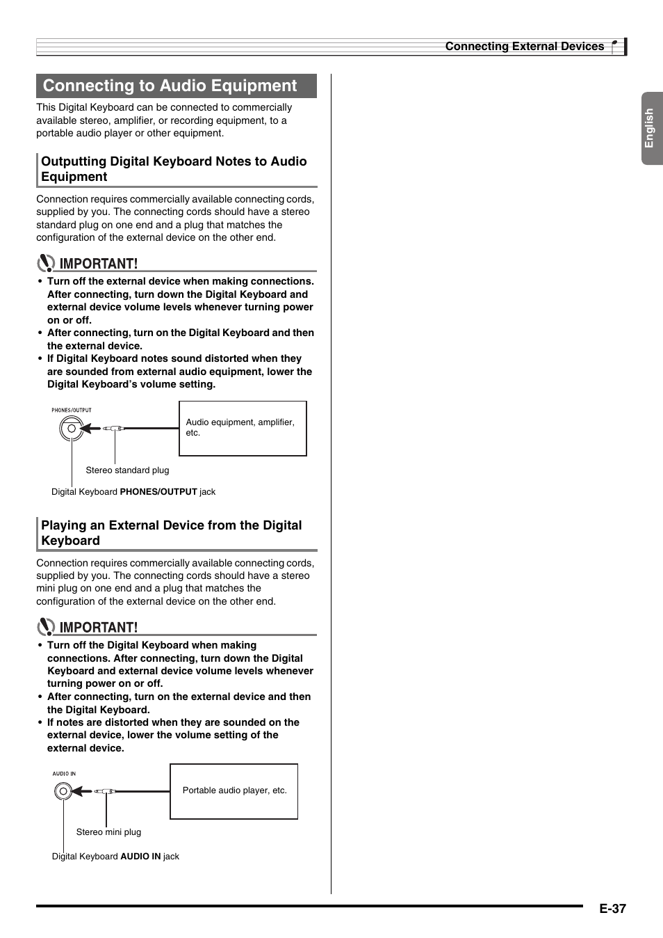 Connecting to audio equipment, E-37 | Casio CTK-3200  EN User Manual | Page 39 / 49
