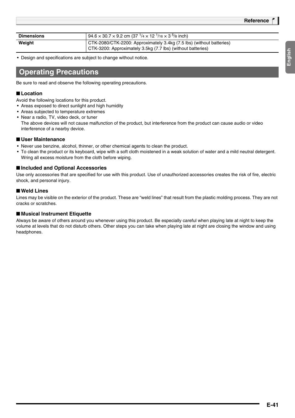 Operating precautions, E-41 | Casio CTK-3200  EN User Manual | Page 43 / 49