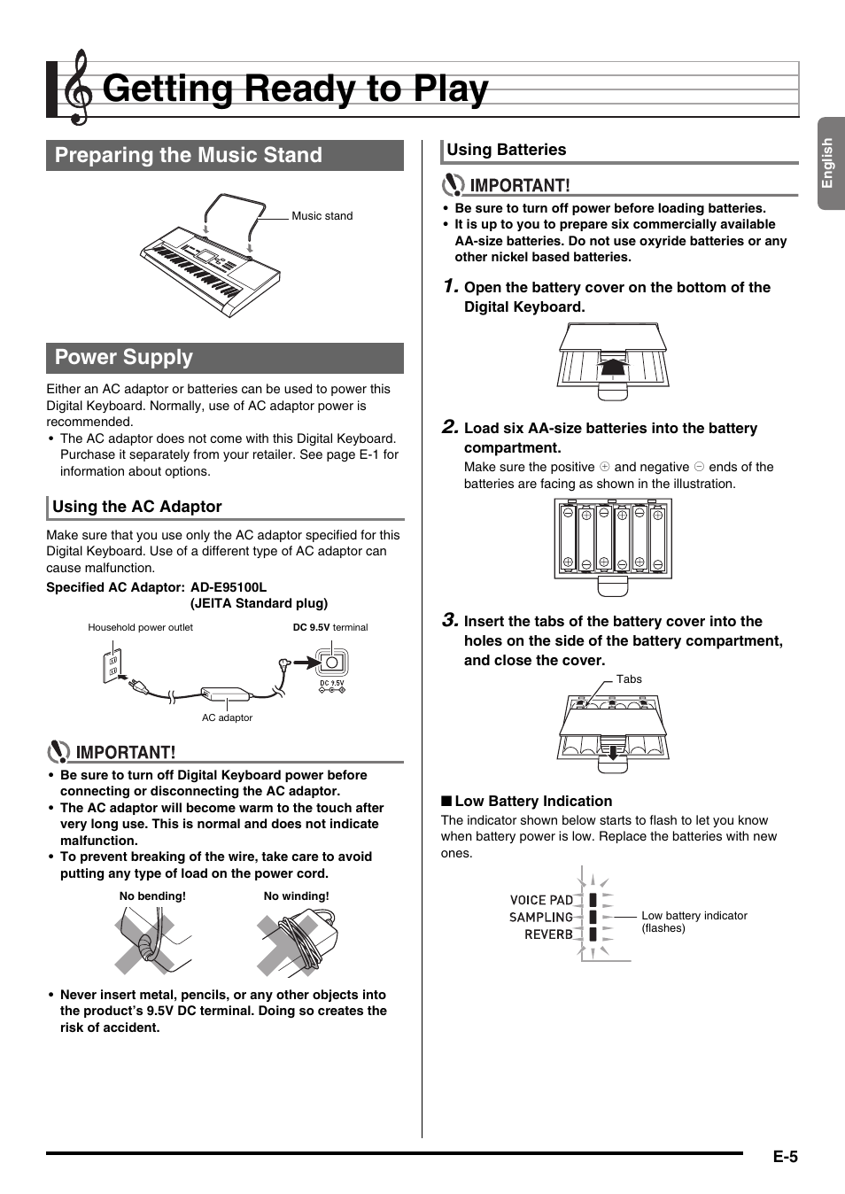 Getting ready to play, Preparing the music stand power supply | Casio CTK-3200  EN User Manual | Page 7 / 49