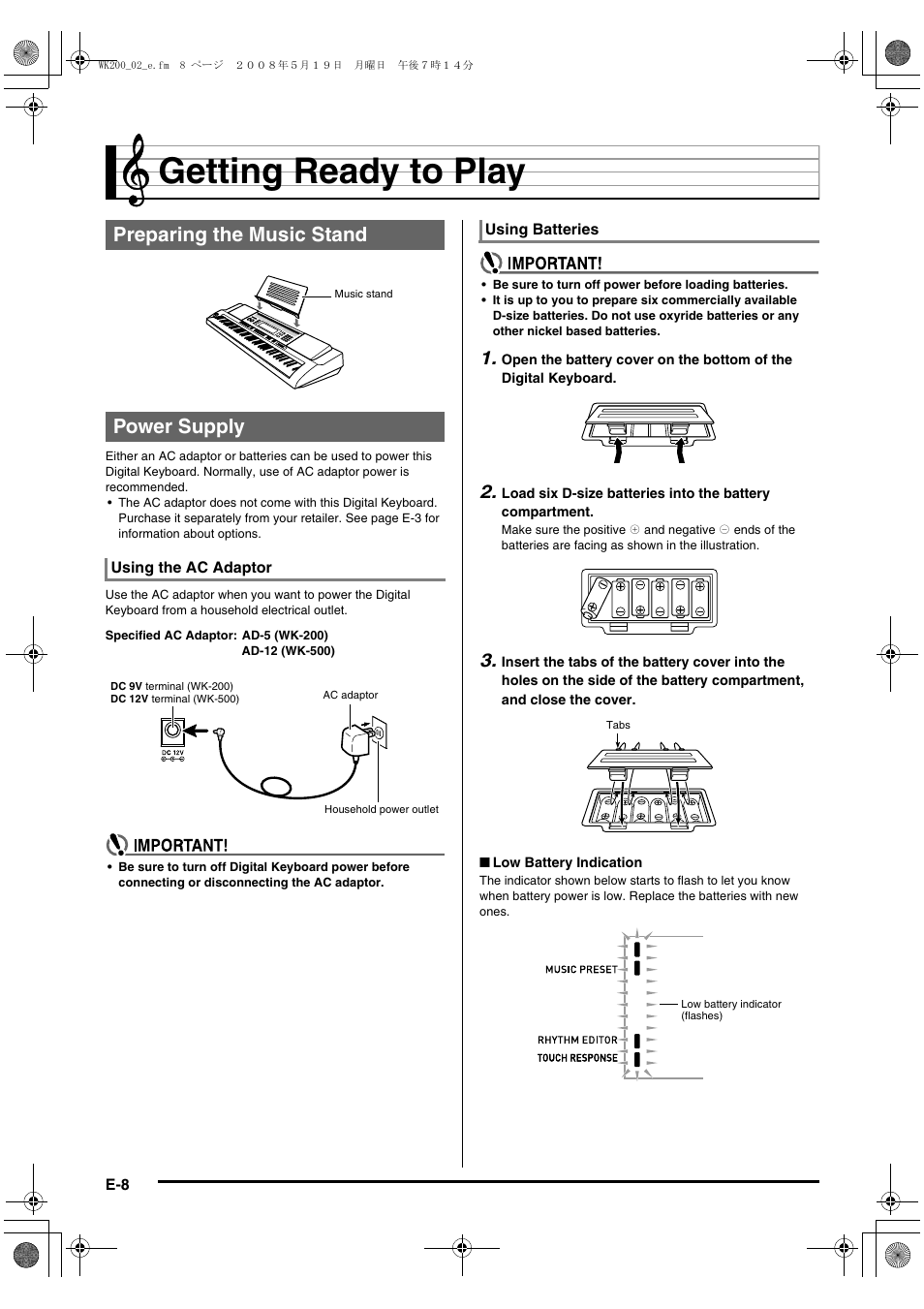 Getting ready to play, Preparing the music stand power supply | Casio wk 200 User Manual | Page 10 / 80