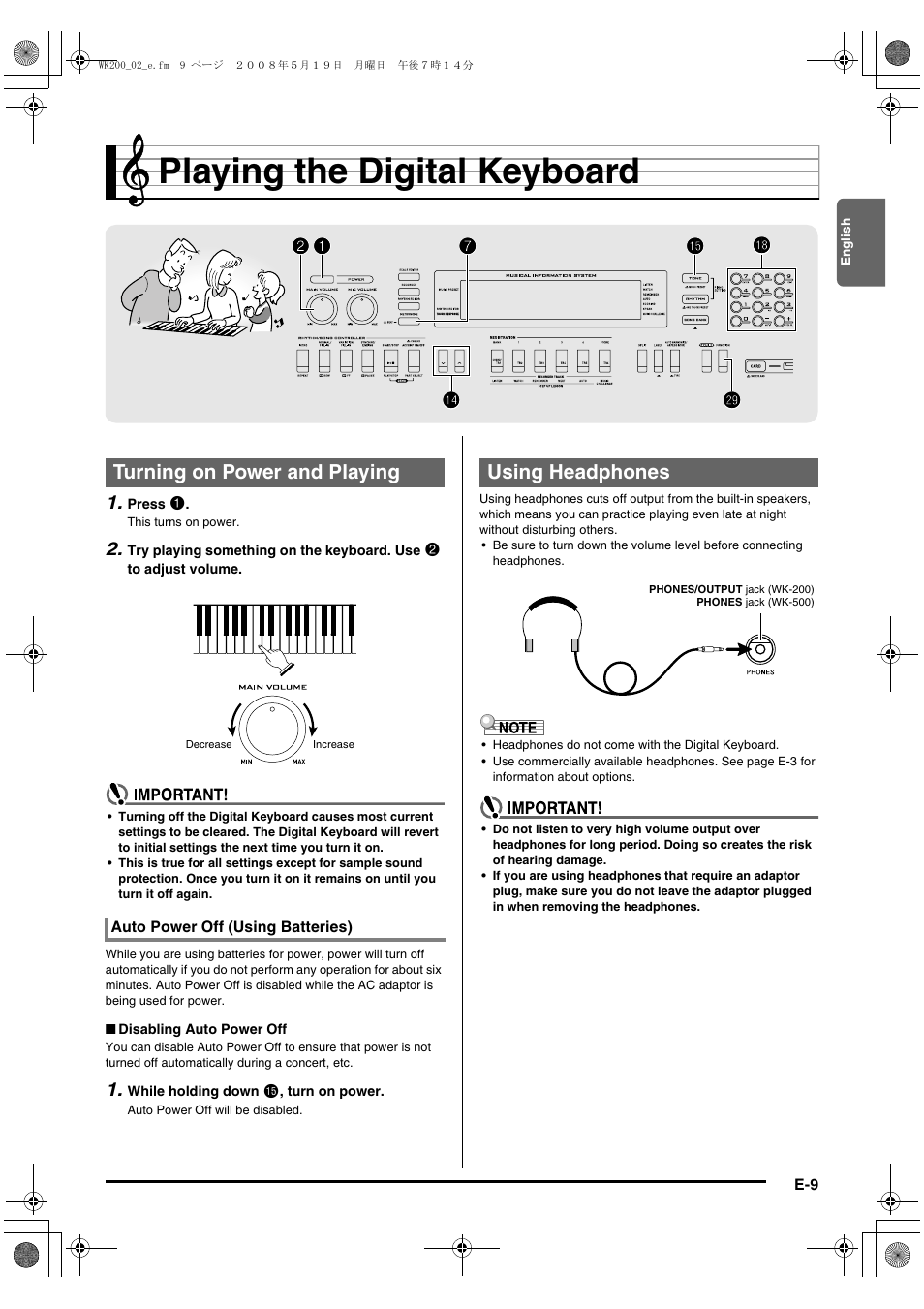 Playing the digital keyboard, Turning on power and playing, Using headphones | Casio wk 200 User Manual | Page 11 / 80