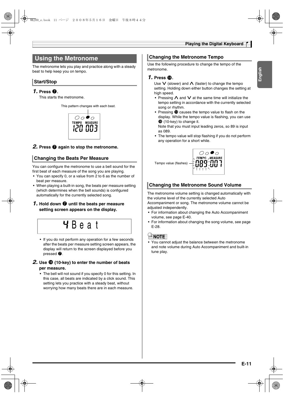 B e a t, Using the metronome | Casio wk 200 User Manual | Page 13 / 80