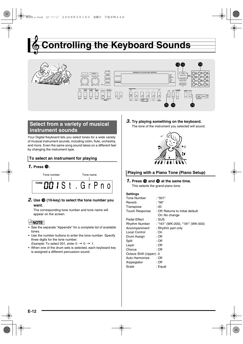 Controlling the keyboard sounds, Bs bp bp cp cp cq cq ct ct bq bq, Select from a variety of musical instrument sounds | Casio wk 200 User Manual | Page 14 / 80