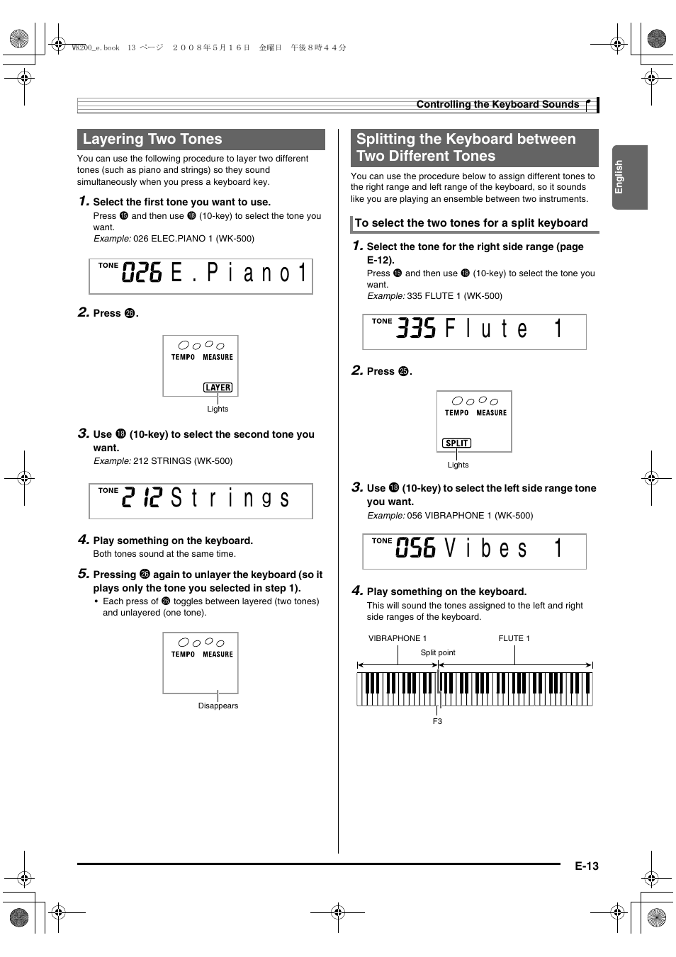 Layering two tones, Splitting the keyboard between two different tones | Casio wk 200 User Manual | Page 15 / 80