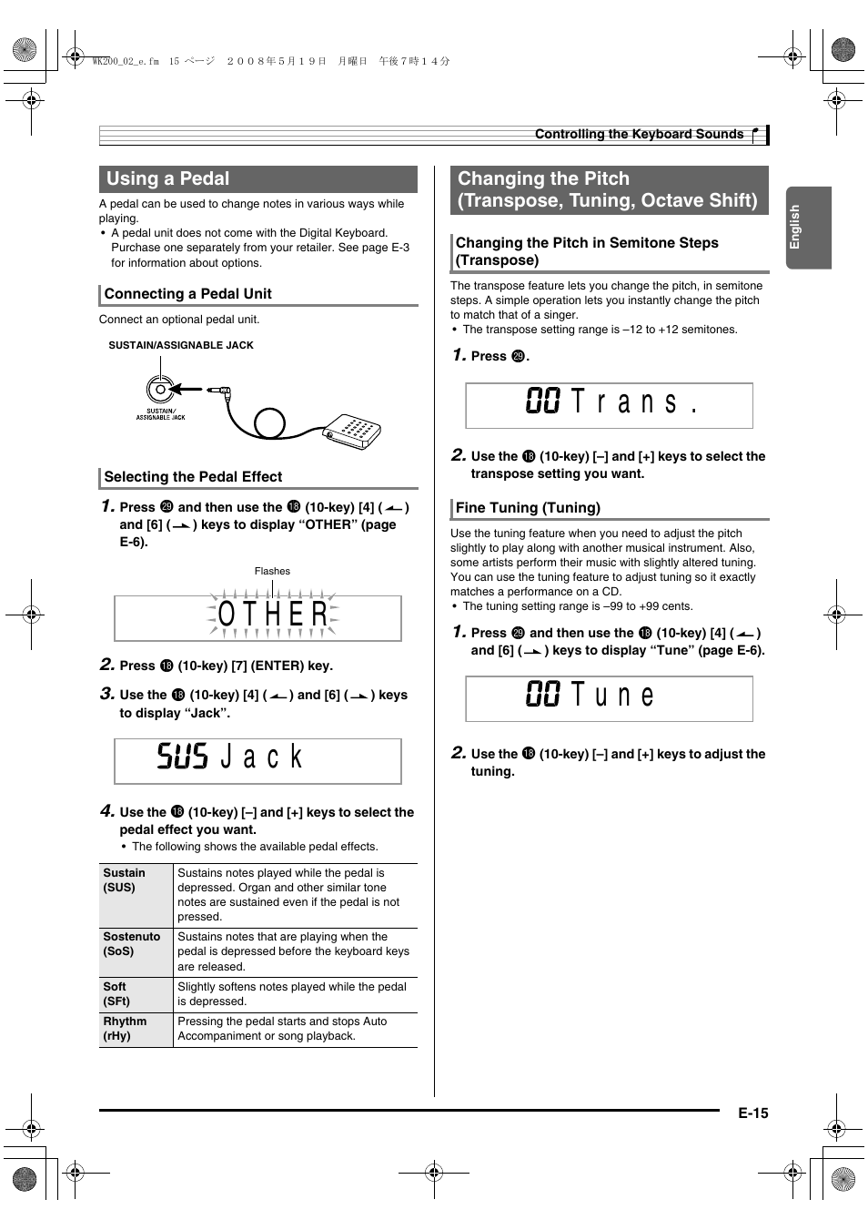 J a c k, Using a pedal | Casio wk 200 User Manual | Page 17 / 80