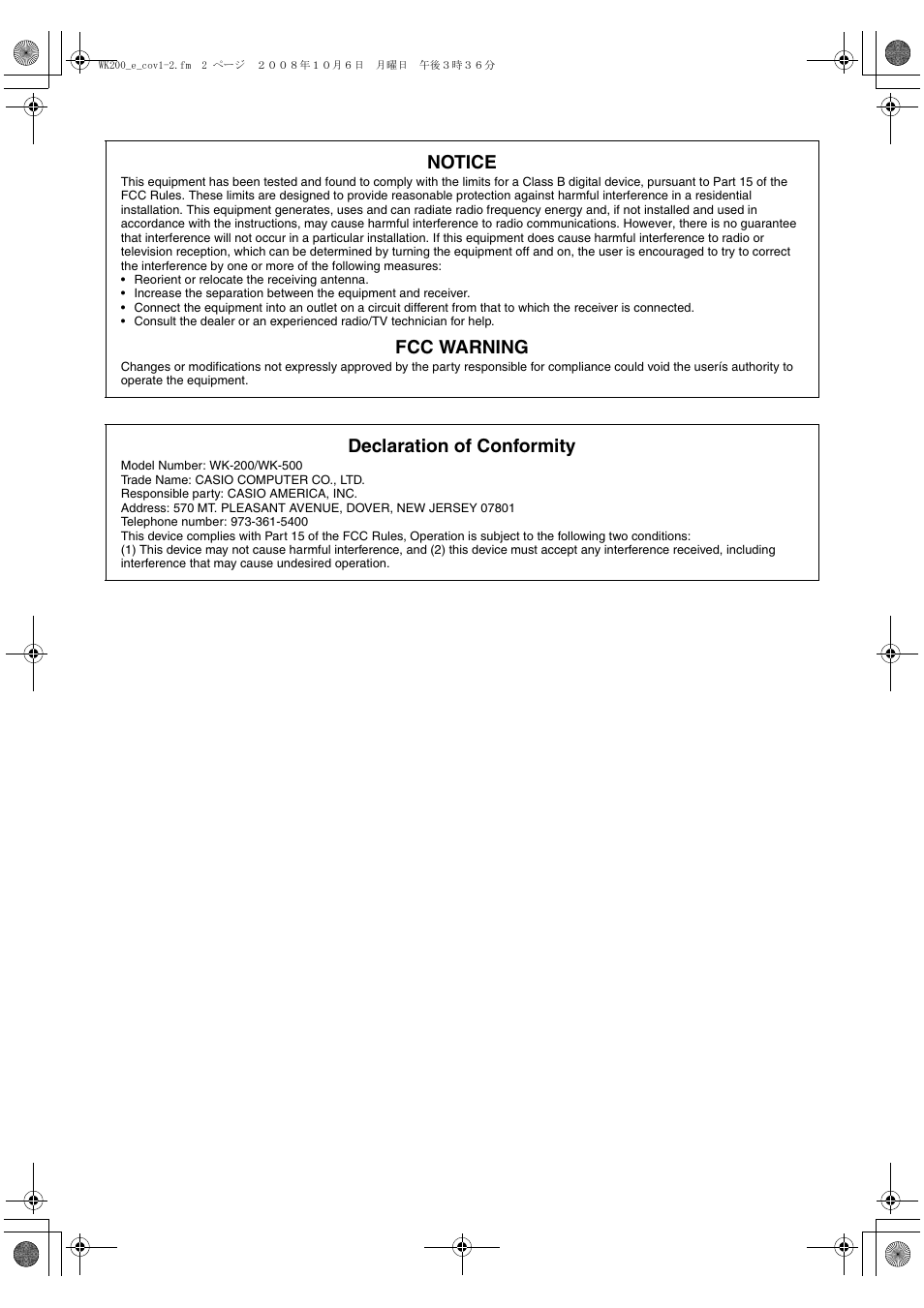 Notice, Fcc warning, Declaration of conformity | Casio wk 200 User Manual | Page 2 / 80