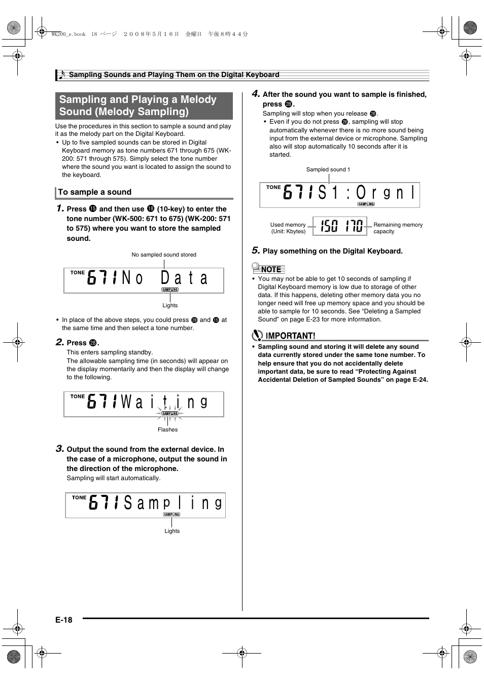 S a m, L i n, S 1 : o r | Casio wk 200 User Manual | Page 20 / 80