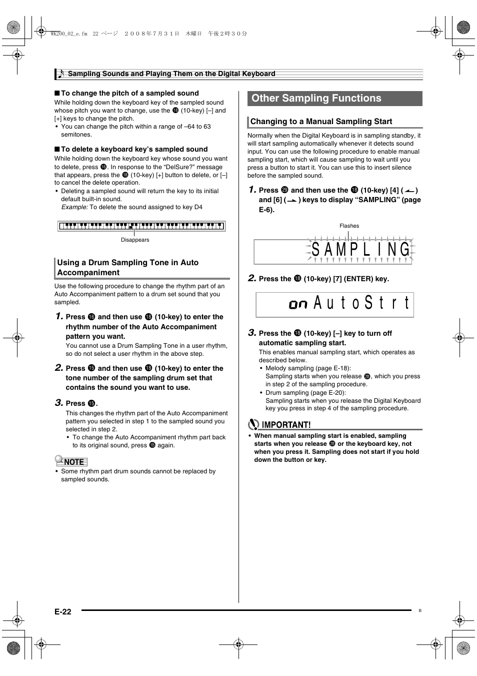 Other sampling functions | Casio wk 200 User Manual | Page 24 / 80