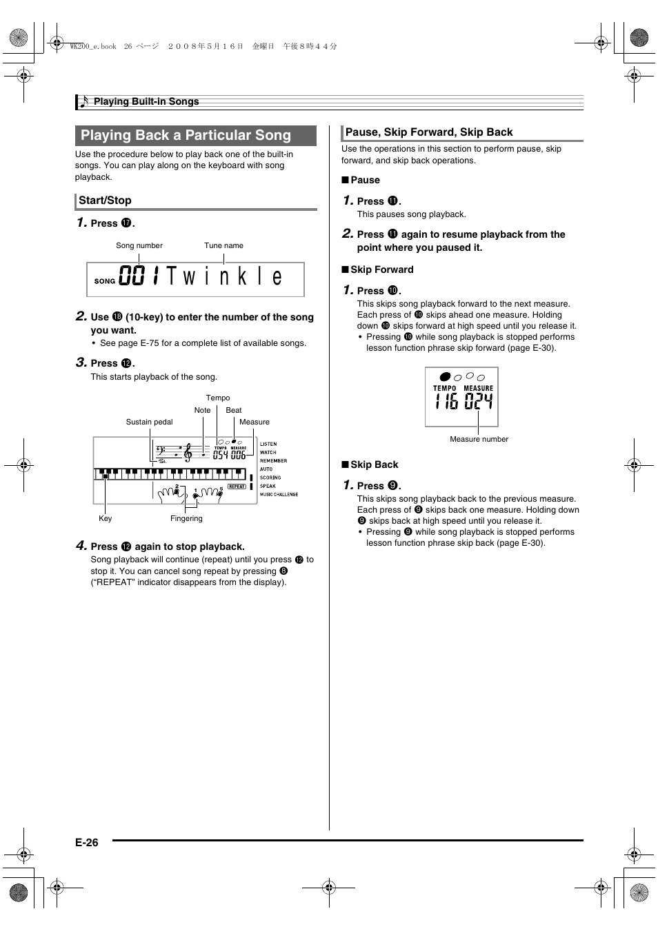 Playing back a particular song | Casio wk 200 User Manual | Page 28 / 80