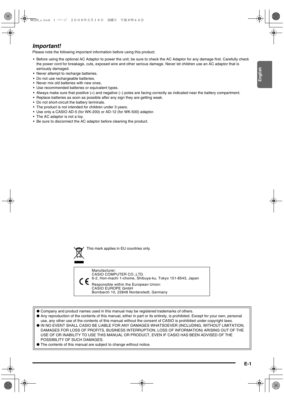 Important | Casio wk 200 User Manual | Page 3 / 80