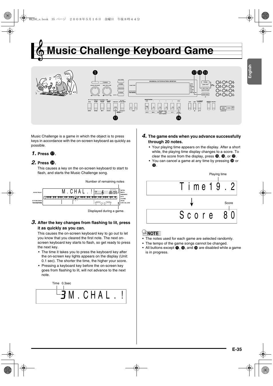 M . c h a l, Music challenge keyboard game, 1bp bp bm bm co co br brbq bq | Casio wk 200 User Manual | Page 37 / 80