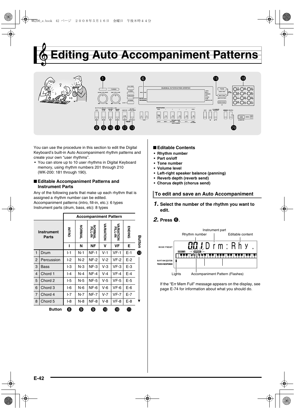 Editing auto accompaniment patterns, D r m : r h, 89 9 bk bk bl | Casio wk 200 User Manual | Page 44 / 80