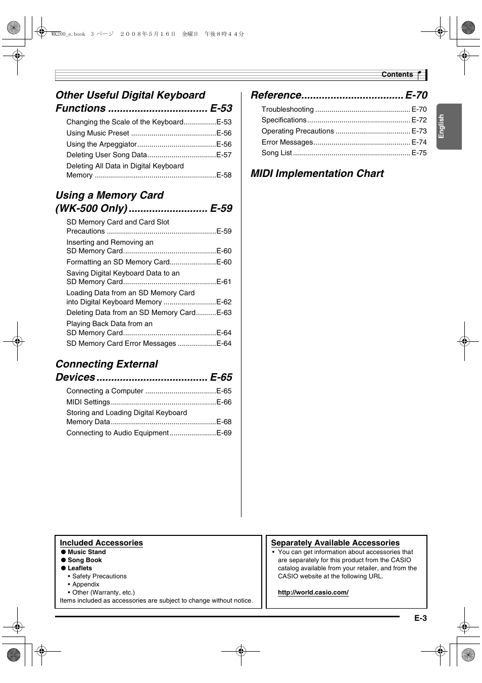 Reference................................... e-70, Midi implementation chart | Casio wk 200 User Manual | Page 5 / 80