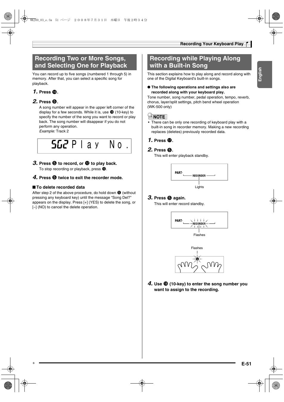 P l a, Recording while playing along with a built-in song | Casio wk 200 User Manual | Page 53 / 80