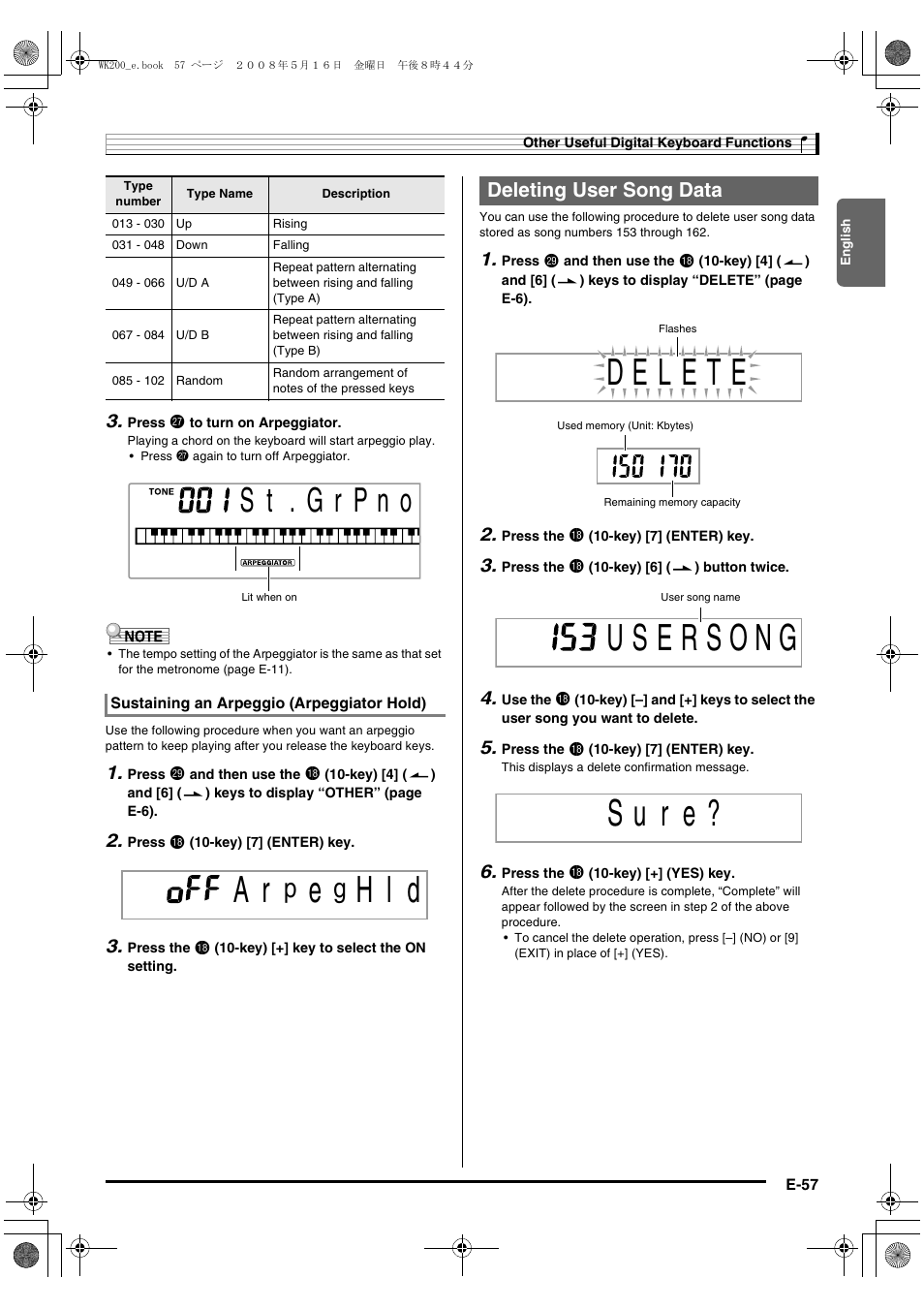 H l d, S u r e, Deleting user song data | Casio wk 200 User Manual | Page 59 / 80