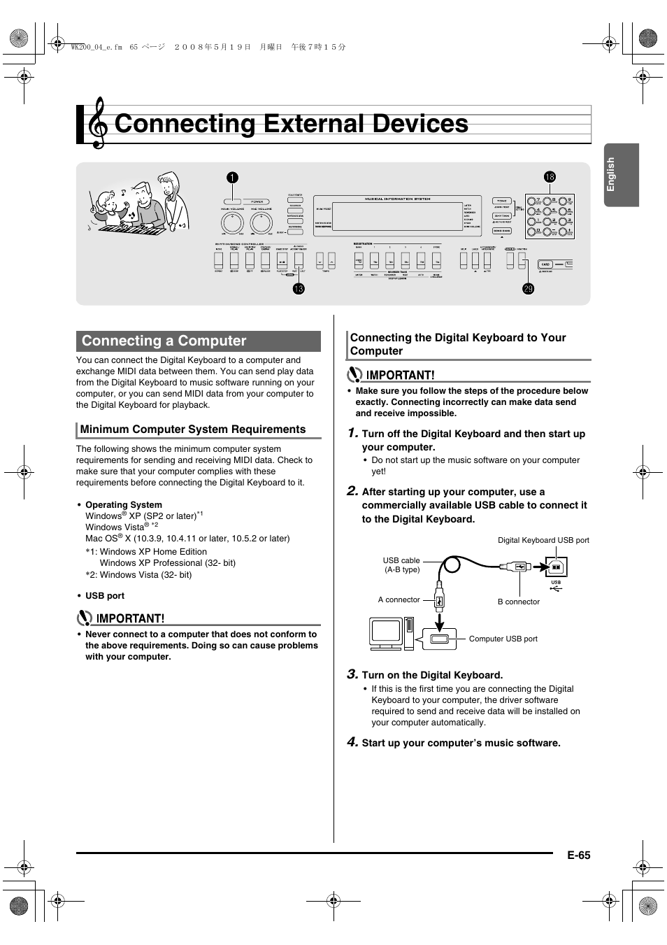 Connecting external devices, 1bs bs ct ct bn bn, Connecting a computer | Casio wk 200 User Manual | Page 67 / 80