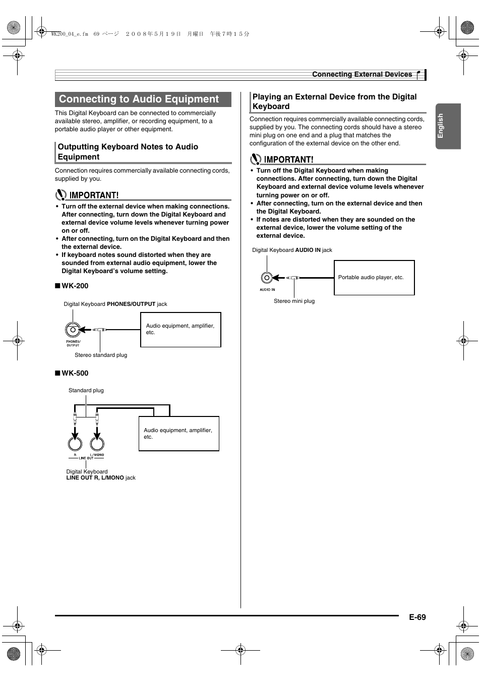 Connecting to audio equipment | Casio wk 200 User Manual | Page 71 / 80
