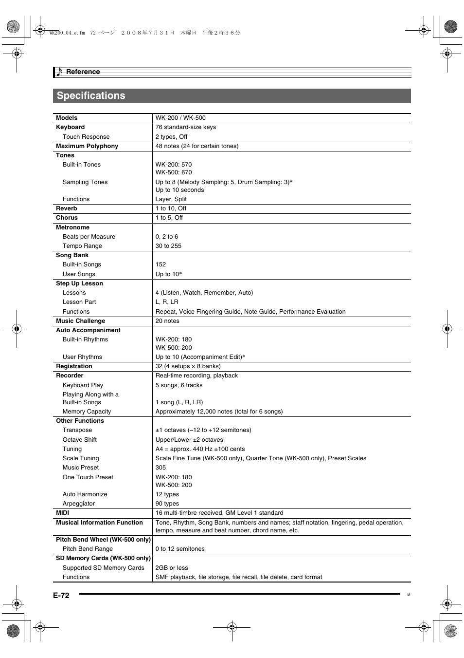 Specifications | Casio wk 200 User Manual | Page 74 / 80