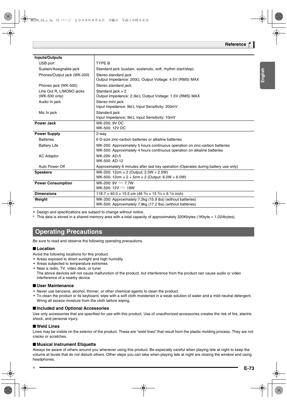 Operating precautions | Casio wk 200 User Manual | Page 75 / 80