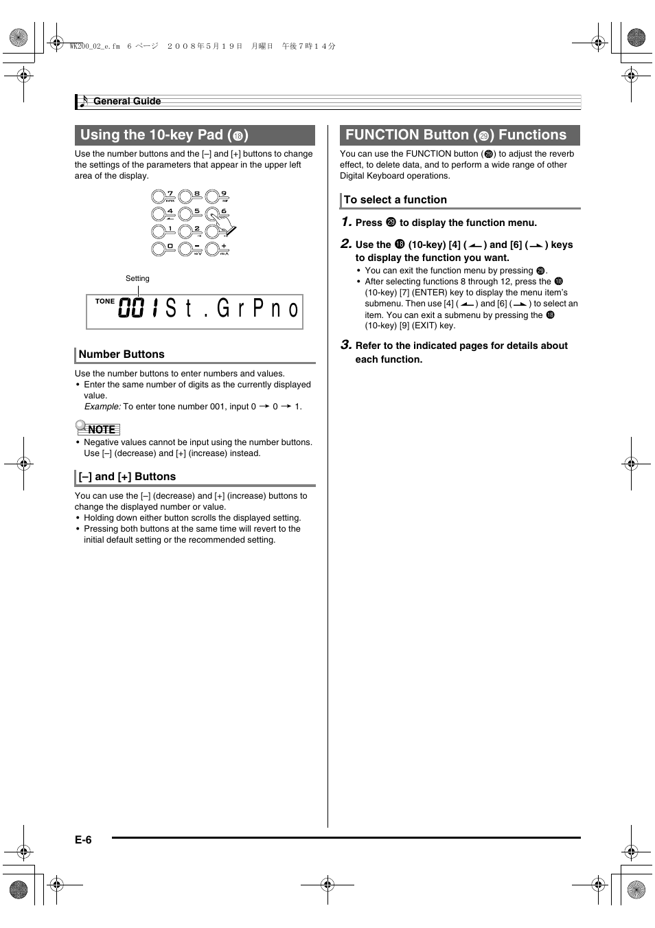 Using the 10-key pad, Function button, Functions | Casio wk 200 User Manual | Page 8 / 80