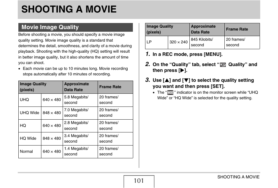 Shooting a movie, Movie image quality, E 101) | Casio EXILIM EX-Z1200 User Manual | Page 101 / 289