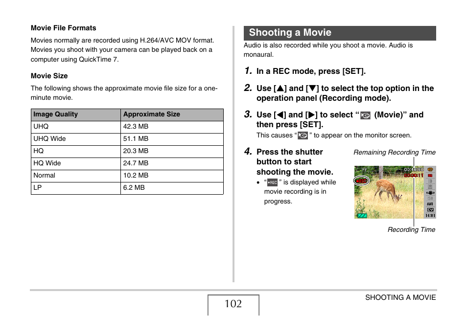 Shooting a movie, E 102) | Casio EXILIM EX-Z1200 User Manual | Page 102 / 289