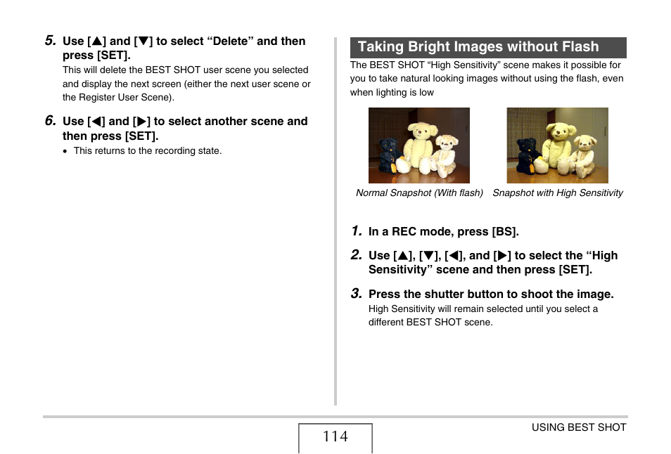 Taking bright images without flash, E 114) | Casio EXILIM EX-Z1200 User Manual | Page 114 / 289