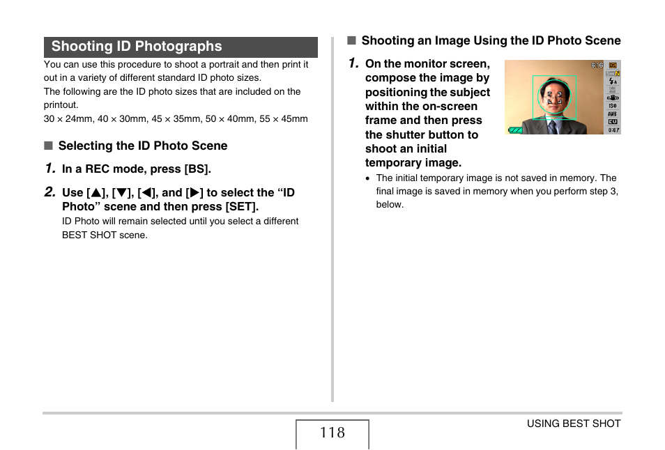 Shooting id photographs | Casio EXILIM EX-Z1200 User Manual | Page 118 / 289