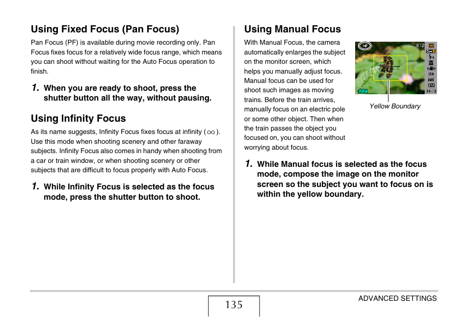 Using fixed focus (pan focus), Using infinity focus, Using manual focus | Casio EXILIM EX-Z1200 User Manual | Page 135 / 289