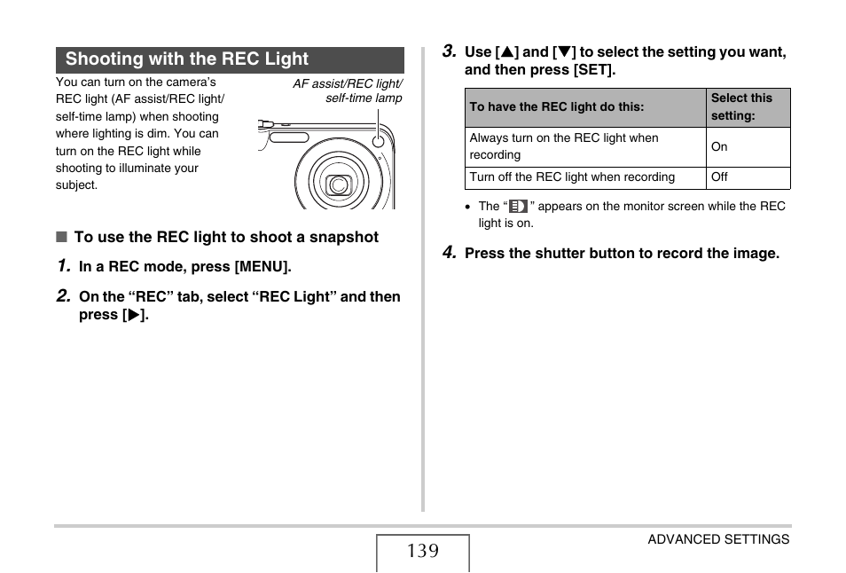 Shooting with the rec light | Casio EXILIM EX-Z1200 User Manual | Page 139 / 289