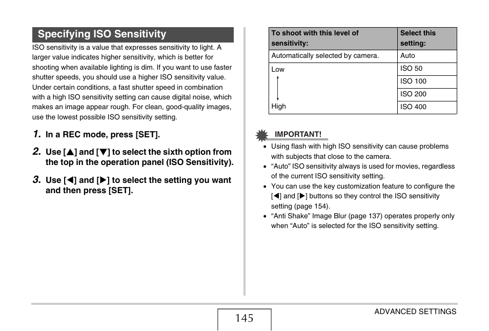 Specifying iso sensitivity, E 145) | Casio EXILIM EX-Z1200 User Manual | Page 145 / 289